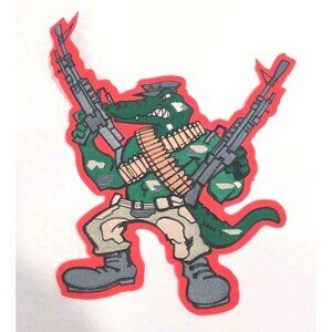 Army Rambo Style Gator In Camo Outfit With Guns Patch Facing Left Large APPX 10"